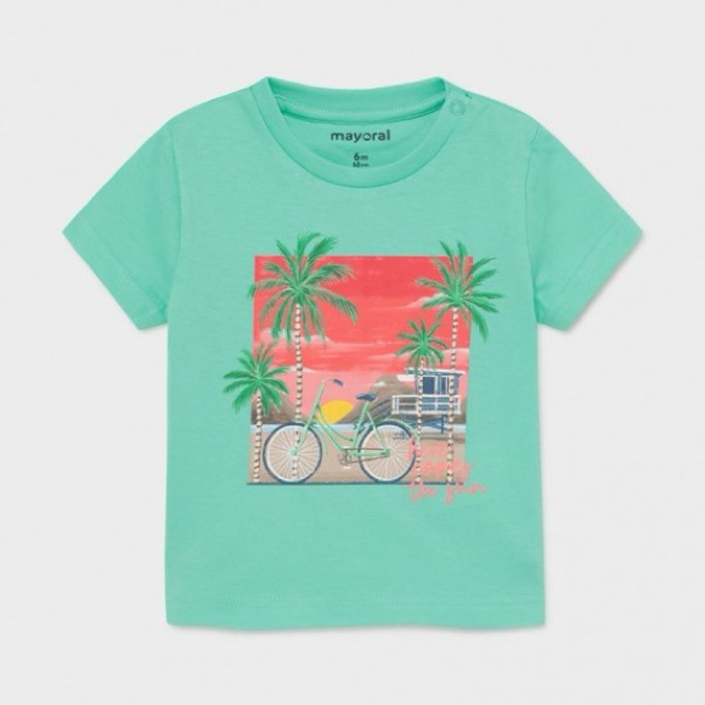 Size 9 months Mayoral Green Tee with Beach Bicycle Print